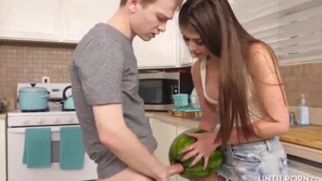 My stepsister catches me fucking a watermelon and then she wants to give me a blowjob